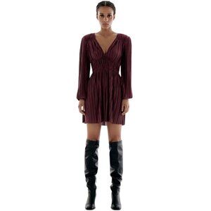 Zara Pleated Mini Dress Long Sleeves Purple V Neck